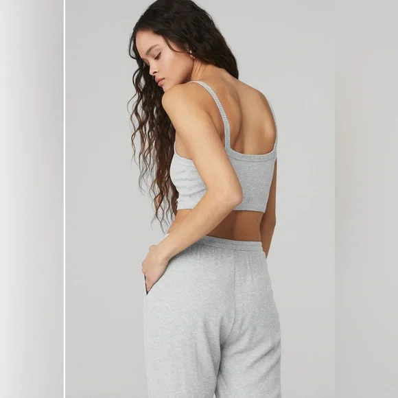 Alo Yoga | Ribbed Crop Whisper Bra Tank Top in Athletic Heather Grey - Picture 2 of 9